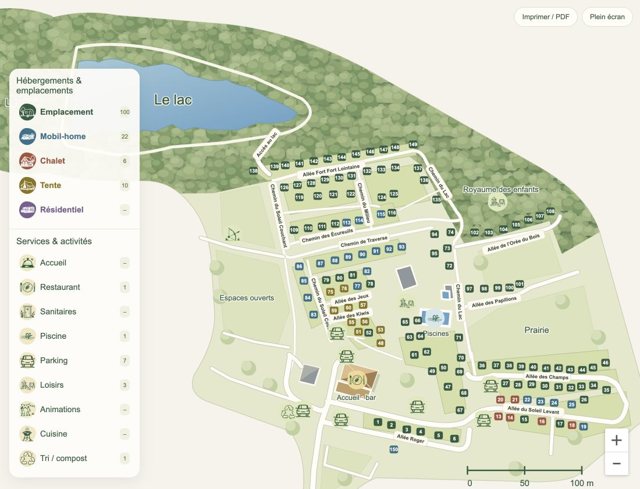 Plan du camping Domaine Devèze : lac, hébergements et chemins
